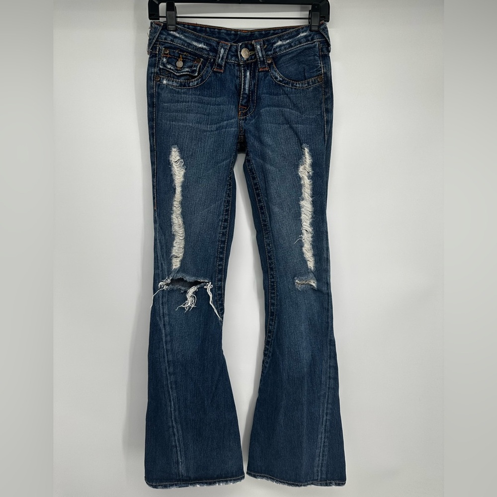 True Religion 503 Distressed Low Rise Twisted Seam Flare Leg Jeans Size 26